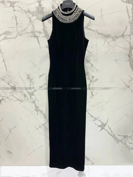 Women Heavy Rhinestone Bead Sexy Backless High Neck Waist Bag Hip Slimming Velvet Long Dress - Lootquake