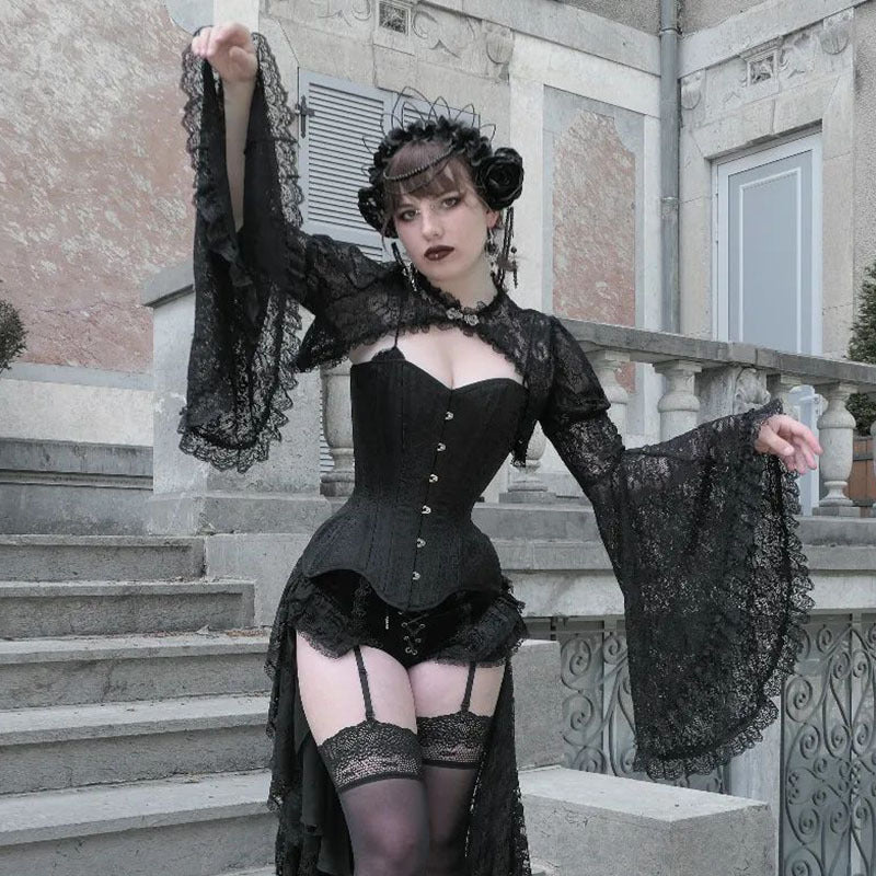 Lace Shrugs Sheer Crop Tops Long Bell Sleeves Cardigan Women Dark Gothic Wedding Punk Sexy Crochet Bolero Cover Up Shirt - Lootquake