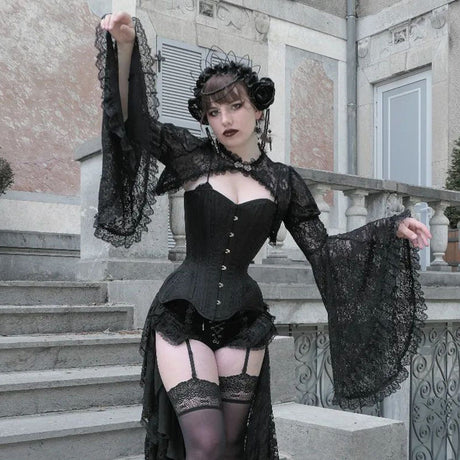 Lace Shrugs Sheer Crop Tops Long Bell Sleeves Cardigan Women Dark Gothic Wedding Punk Sexy Crochet Bolero Cover Up Shirt - Lootquake