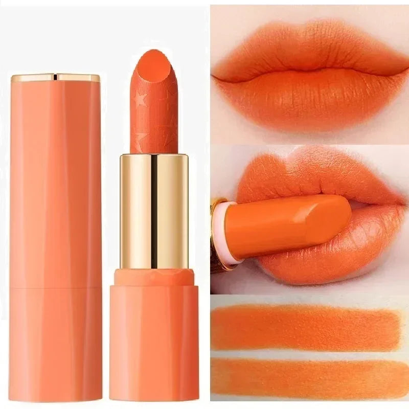 Orange Color Lipstick Lip Glaze Matt Silky Smooth Not Easy To Fade Lip Gloss Long Lasting Lip Stick Sexy Women Cosmetics Makeup