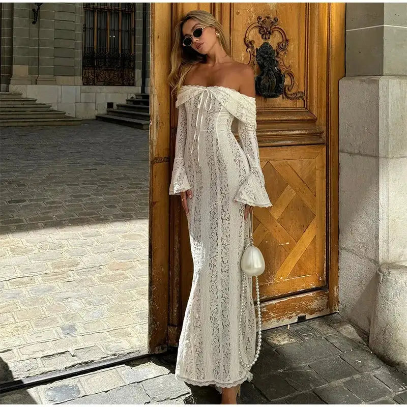 Lace Hollow Out One-shoulder Slim Long Dress For Women Solid Lace Up Waistless Dresses 2024 Chic Sexy Female Party Date Robes - Lootquake