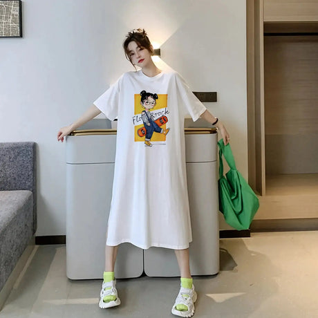 Harajuku Graphic White Long Dress Woman Clothing Y2k Casual Short Sleeve O-Neck Korean Fashion Summer Womens Loose Dresses 2024 - Lootquake