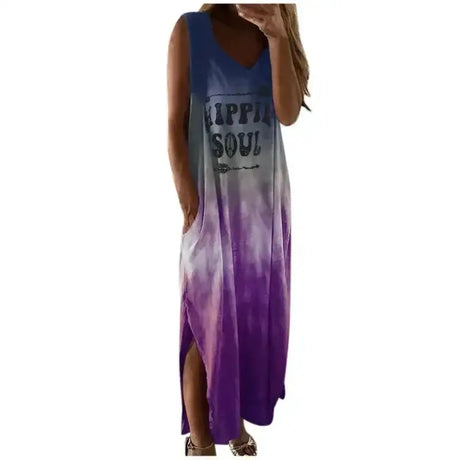 Women's Oversized Sleeveless Pocket Long Dress Women's Tie Dyed Letter Long Dress Casual Loose Slit Gradient Printed Dress - Lootquake