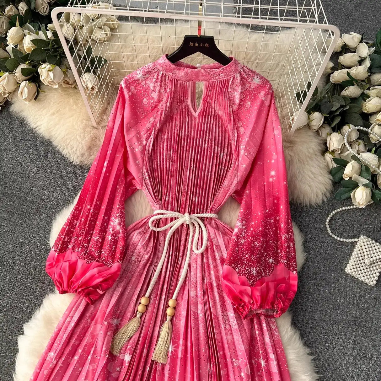 Spring Holiday Print Long Dress For Women Fashion Loose Lantern Sleeve Party Robe Female Big Swing Tassels Belt Pleated Clothes - Lootquake