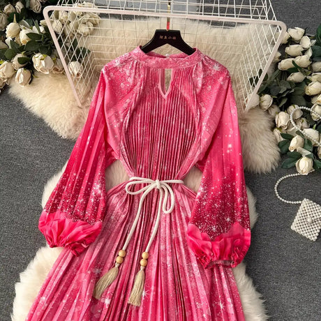 Spring Holiday Print Long Dress For Women Fashion Loose Lantern Sleeve Party Robe Female Big Swing Tassels Belt Pleated Clothes - Lootquake