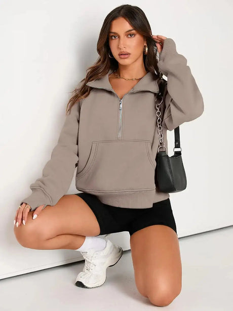 Womens Sweatshirts Half Zip Cropped Pullover Fleece Quarter Zipper Hoodies Fall outfits Clothes Thumb Hole - Lootquake