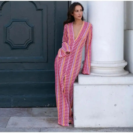Striped Hooked Crochet Knit Long Dress Women Autumn Long Sleeve A Line Vestidos Female Vintage Commuter Slim Dresses - Lootquake