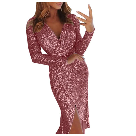 Elegant Women Evening Party Dress Shiny Sequin Deep V-Neck Nightclub Formal Dress Bodycon Irregular Hem Long Dress For Wedding - Lootquake