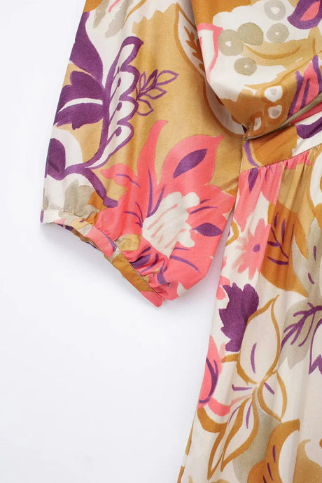 TRAFZA Vintage Flower Print Long Dress Women V Neck Short Sleeve Hollow Out Sexy Beach Dress Fashion 2024 Summer Holiday Dress - Lootquake