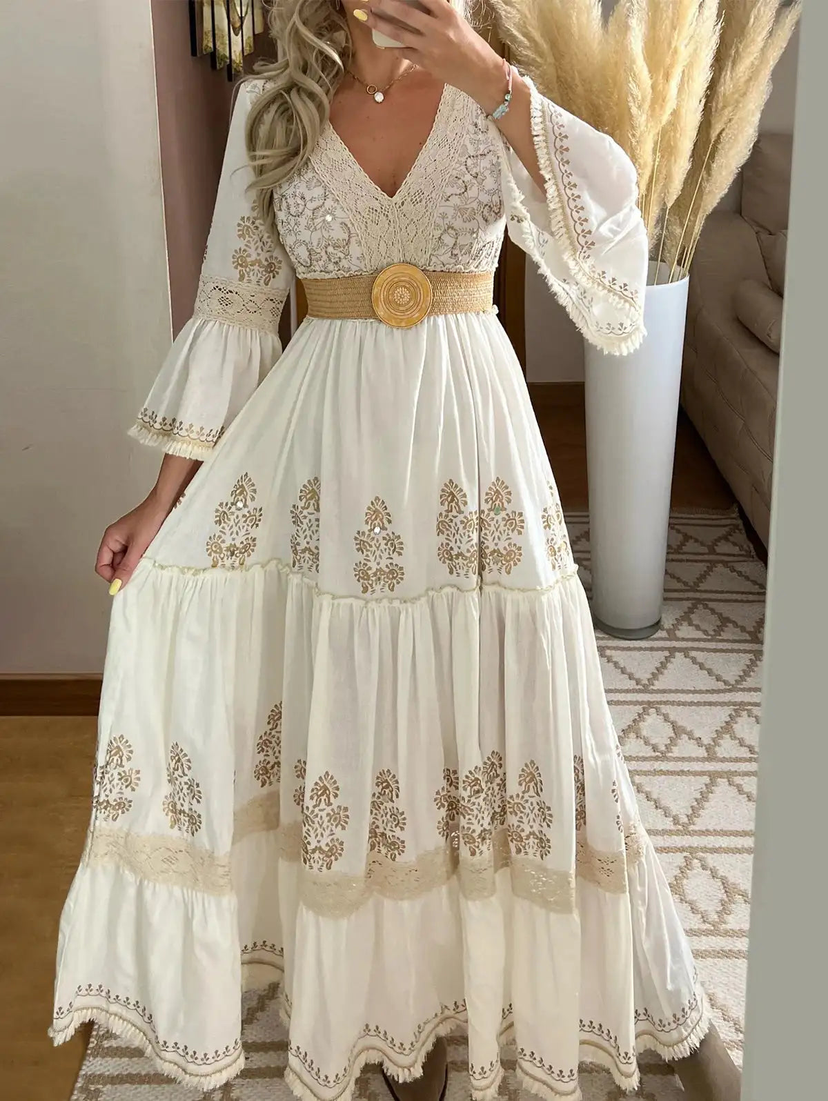 Women Fall Casual Long Dress Floral Print Lace V-Neck Long Sleeve Dress Fashion Holiday Maxi Dress Elegant Classics Versatility - Lootquake