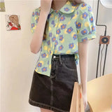 Women Summer Korean Casual Printing Chiffon Loose Polo-Neck Short Sleeve Blouse Women Clothes Sweet All-match Floral Top Tee - Lootquake