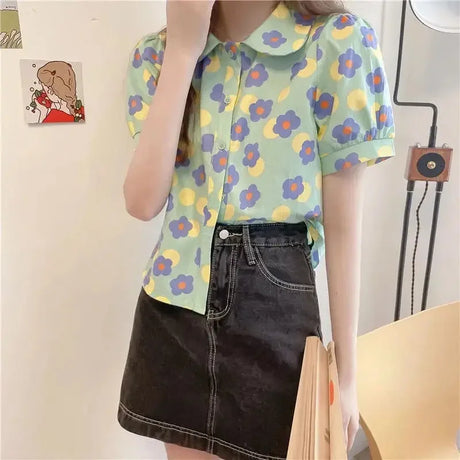 Women Summer Korean Casual Printing Chiffon Loose Polo-Neck Short Sleeve Blouse Women Clothes Sweet All-match Floral Top Tee - Lootquake