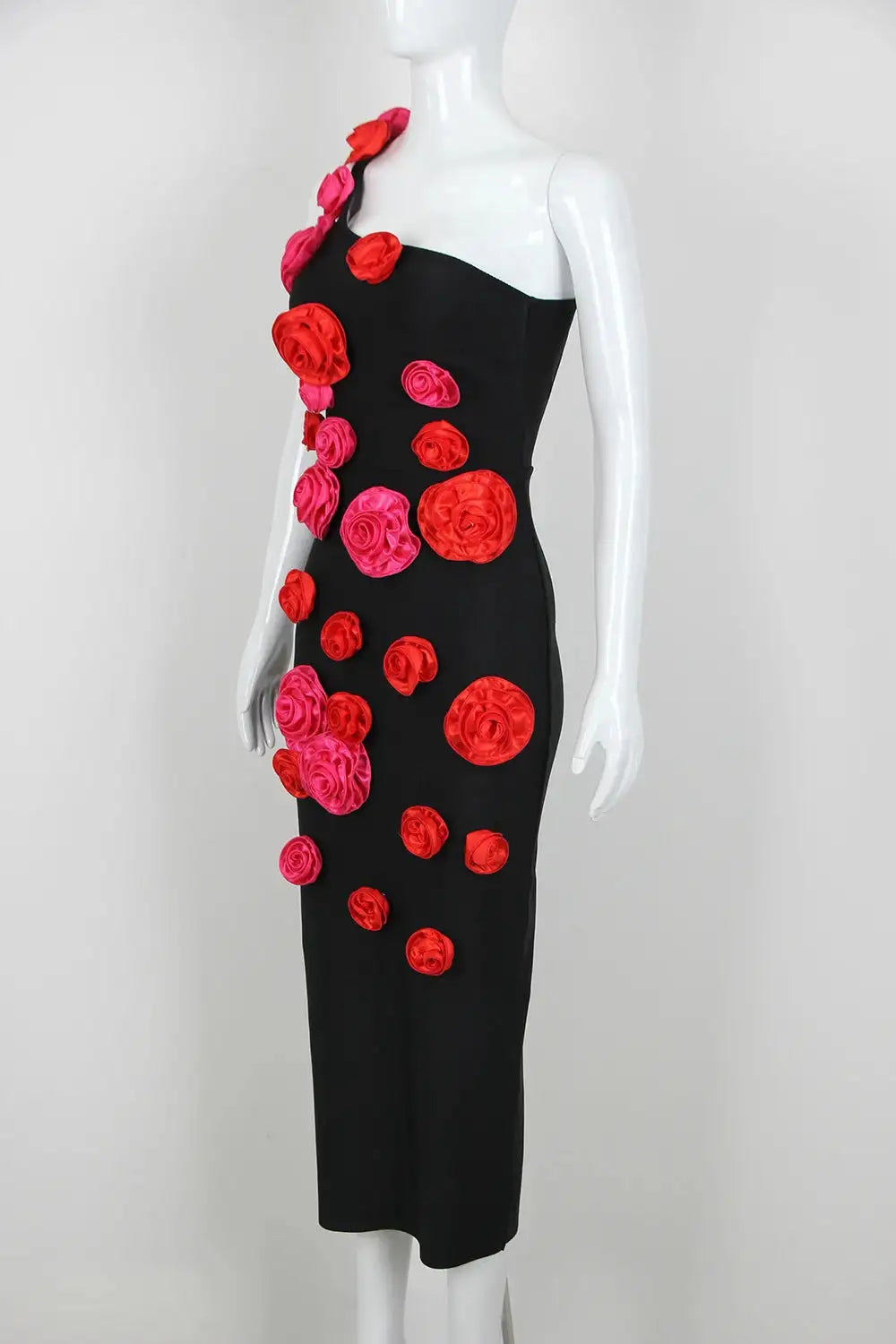 2025 New Spring Women Sexy One Shoulder Red Flowers Bodycon Bandage Long Dress Celebrate Evening Party Nightclub Dress - Lootquake
