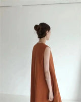 2022 Minimalist Chic Loose Swing Sleeveless Mid-length Casual Cotton Linen Long Dress  Round Neck High Waist Women Runway Dress - Lootquake