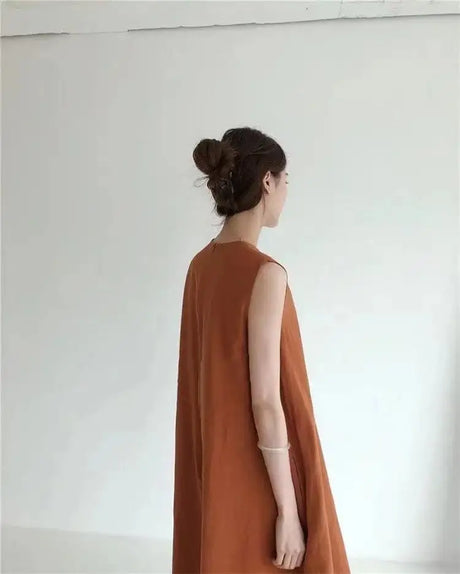 2022 Minimalist Chic Loose Swing Sleeveless Mid-length Casual Cotton Linen Long Dress  Round Neck High Waist Women Runway Dress - Lootquake