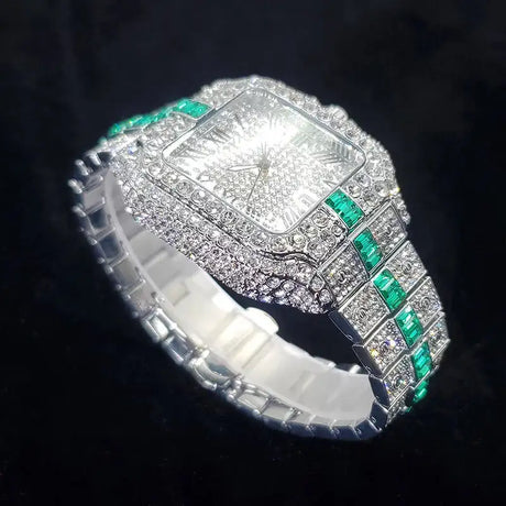 Luxury Full Diamond Watch for Men Fashion Green Iced Out Bling Square Watches Hip Hop Rap Jewelry Relogio Masculino Dropshipping - Lootquake