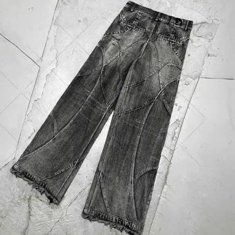 PFNW Spliced Design Washed Denim Jeans Men's Streetwear Fashion Straight Leg Denim Pants Hip Hop Trendy Trousers Spring 28W4634 - Lootquake