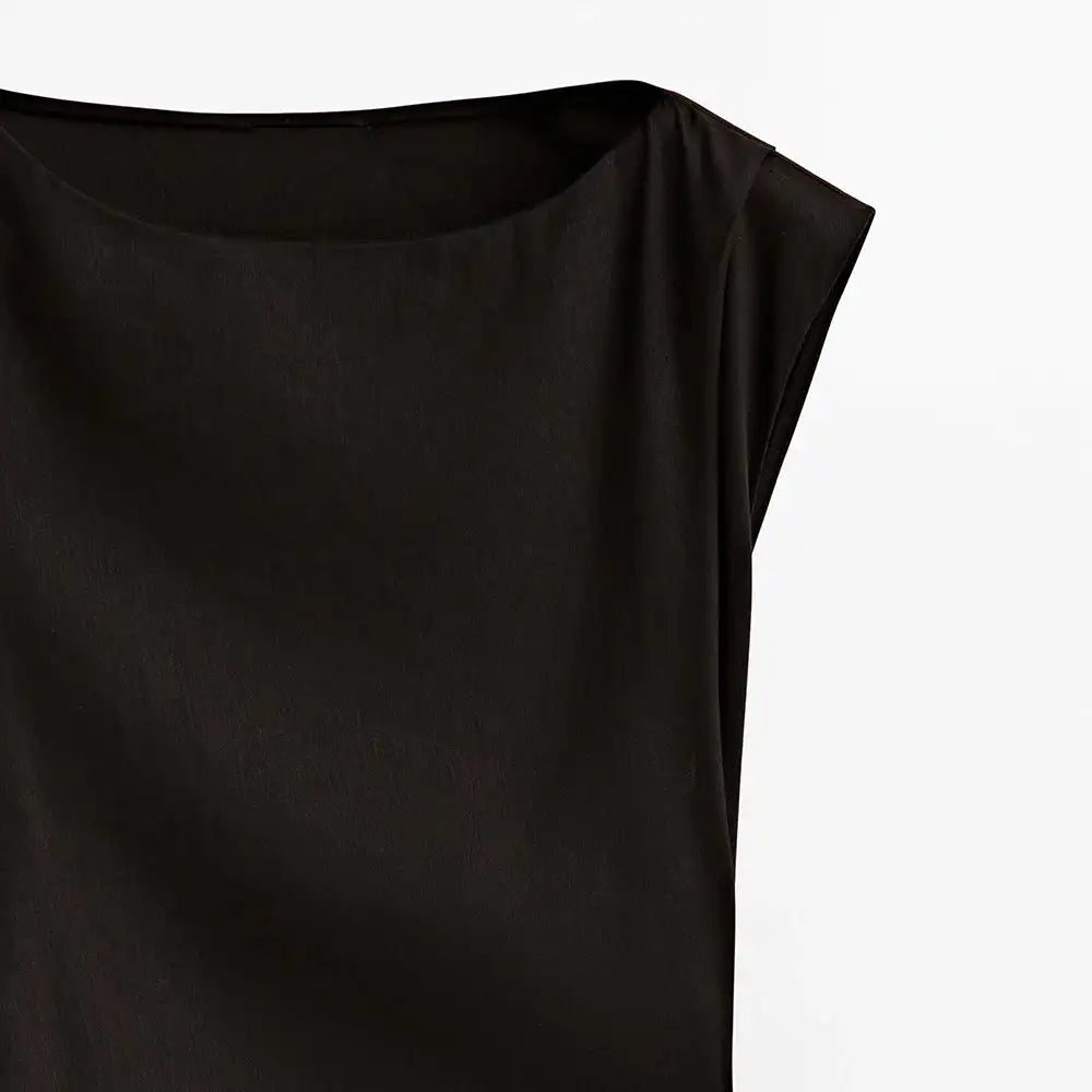TRAF Women's Long Sleeveless Dress Black Fashion Linen Blend Shrinking Pleated Long Dress Temperament Elegant Women's Clothing - Lootquake