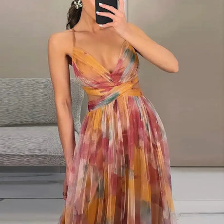 Elegant Print Pleated Mesh Evening Dress Sexy Off Shoulder Ins Vacation Long Dress Summer V Neck High Waist Backless Sling Dress - Lootquake