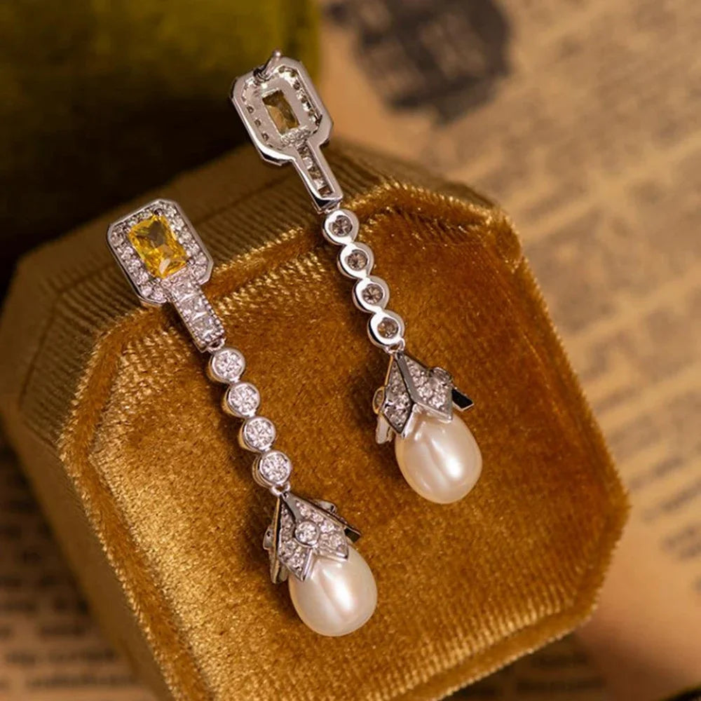 Karachis Vintage Elegant 925 Sterling Silver Natural Pearl High Carbon Diamond Citrine Gemstone Earrings for Women Jewelry - Lootquake
