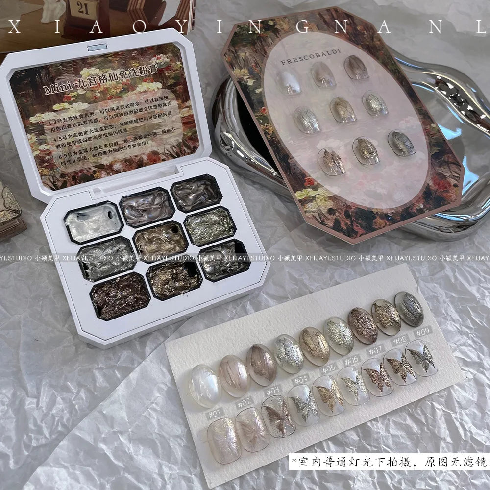 9 Grids Nail Powder Color Texture Three-Dimensional Styling Adhesive 9 Colors Nail Fairy Powder Set gel Polish Nail Art DIY