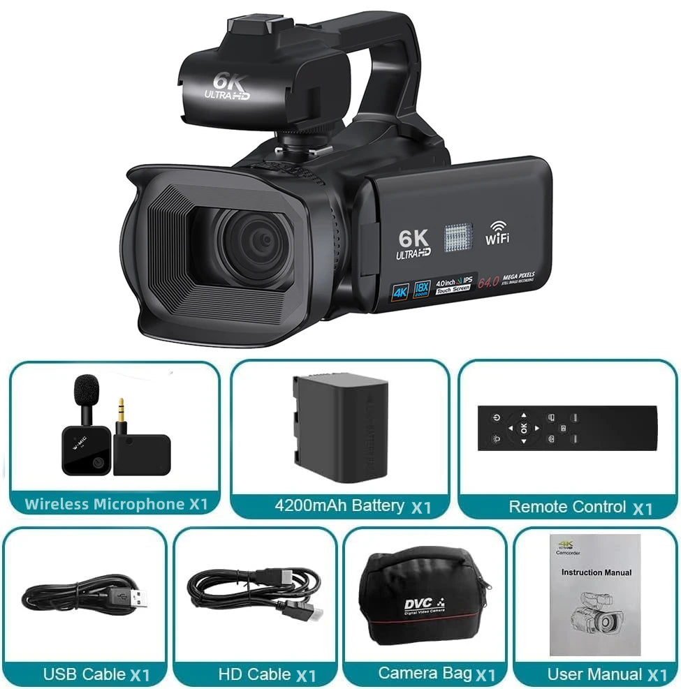 Videocámara profesional KOMERY para YouTube, 6K HD, 64 MP, pantalla táctil de 4", videocámara digital para vlogs y fotografía.