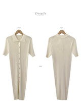 Elegant Summer Sweet Sle Turn-down Collar Single-button Thin Ice Silk Short-sleeve Knitted Long Dress Women's Fashion - Lootquake