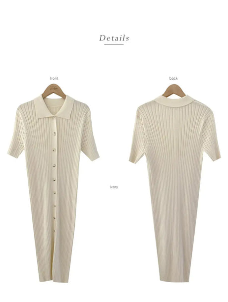 Elegant Summer Sweet Sle Turn-down Collar Single-button Thin Ice Silk Short-sleeve Knitted Long Dress Women's Fashion - Lootquake