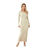 Women Spring Autumn Lace-up Knit Dress Elegant Long Sleeve Crew Neck Ribbed Solid Color Long Dress Streetwear