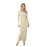 Women Spring Autumn Lace-up Knit Dress Elegant Long Sleeve Crew Neck Ribbed Solid Color Long Dress Streetwear