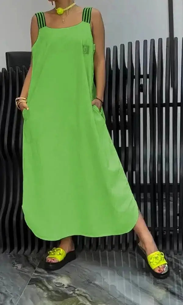 Summer Fashion Solid Cotton Linen Dresses Women Sexy Square Neck Sleeveless Suspender Slit Long Dress Casual Loose Dress Woman - Lootquake