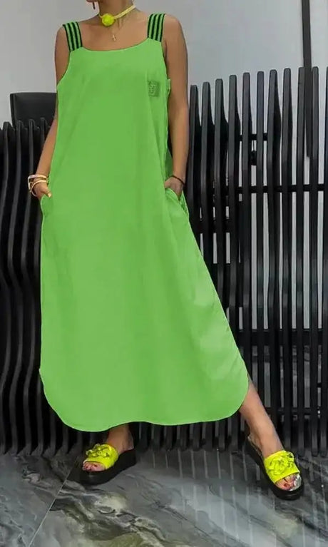 Summer Fashion Solid Cotton Linen Dresses Women Sexy Square Neck Sleeveless Suspender Slit Long Dress Casual Loose Dress Woman - Lootquake