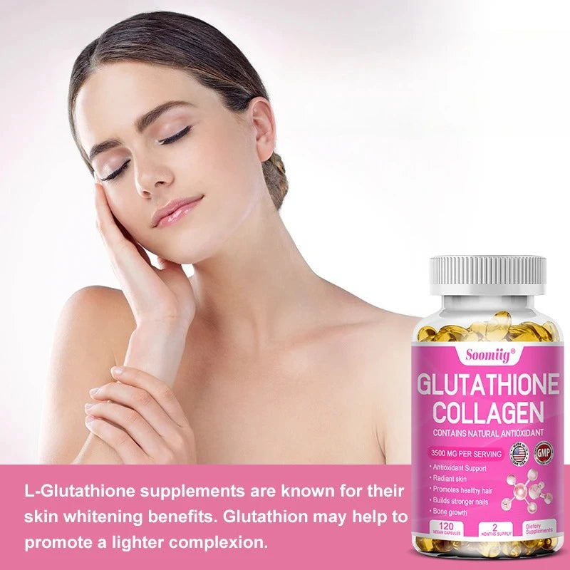 Cápsulas de colágeno con glutatión: aclaran la piel y previenen el envejecimiento. Favorecen la salud del cabello, la piel y las uñas. Sin OMG. Suplemento de glutatión.