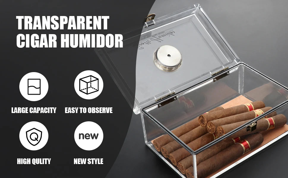 Boîte à cigares Scotte en acrylique avec hygromètre et humidificateur pour 20 cigares. Comprend un coupe-cigare et des accessoires pour perforer les cigares.