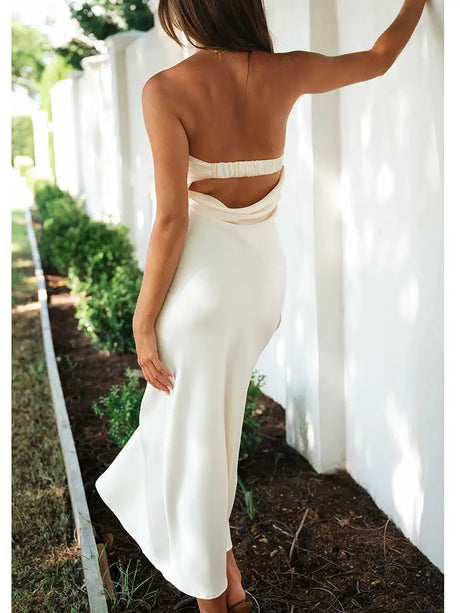 Women Summer Solid Color Party Strapless Dress Sleeveless Backless Elastic Strap Silk Surface Elegant Long Dress - Lootquake