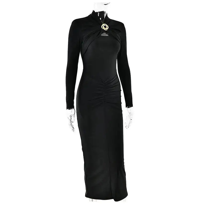 GACVGA Sexy Hollow Out Ruched Maxi Dress For Women 2024 Autumn Winter Long Sleeve Slit Slim Elegant Party Evening Long Dress - Lootquake