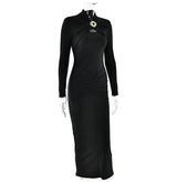 GACVGA Sexy Hollow Out Ruched Maxi Dress For Women 2024 Autumn Winter Long Sleeve Slit Slim Elegant Party Evening Long Dress - Lootquake