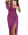 Slit Slash-neck Dress Women Sparkling Slim Long Dress Summer Korean Fashion Dinner Dress Bodycon Solid  Women Dresses Vestidos - Lootquake