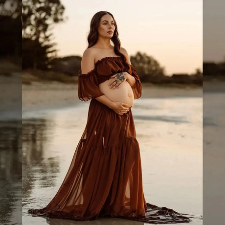 Maternity Dress For Photoshoot Pregnancy Off Shoulder Ruffled Semi Transparent Chiffon Long Dress Photography Dress For Women - Lootquake