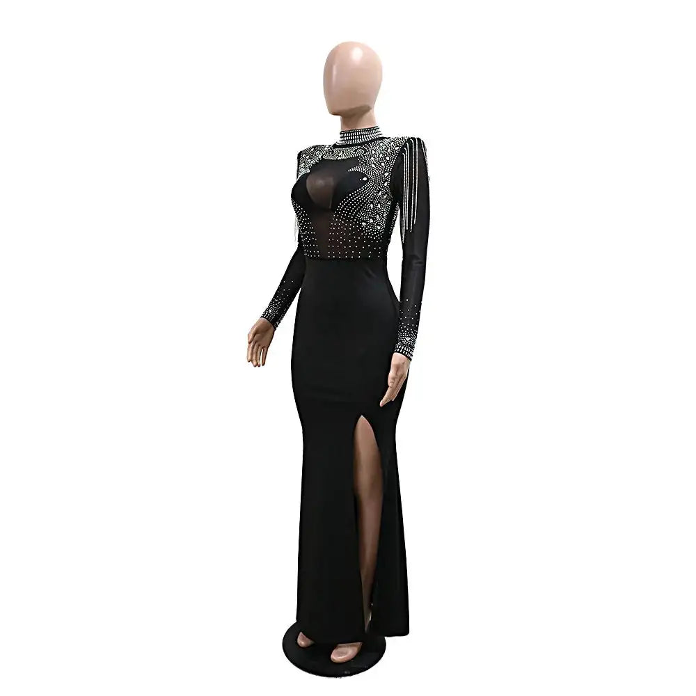 CM.YAYA Vestido largo de sirena con diamantes de imitación y manga larga transparente para mujer, de malla transparente, sexy, para fiesta de noche o otoño