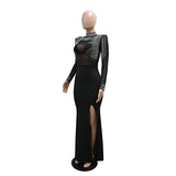 CM.YAYA Vestido largo de sirena con diamantes de imitación y manga larga transparente para mujer, de malla transparente, sexy, para fiesta de noche o otoño