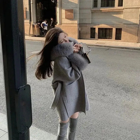 Woolen Windbreaker Jacket Women's Overcoat Fashion Loose Belt Wool Collar Hooded Wool Coat Outwear New Autumn Winter Wool Coats - Lootquake