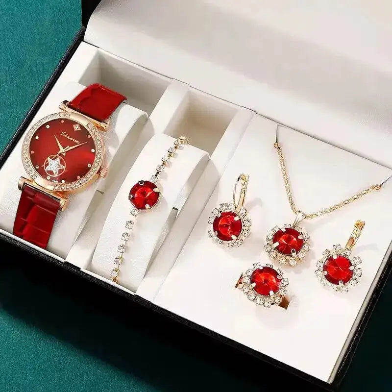 6PCS Set Green Luxury Quartz Watch Women Ring Necklace Earring Rhinestone Fashion Wristwatch Casual Ladies Bracelet Watches 6PCS - Lootquake