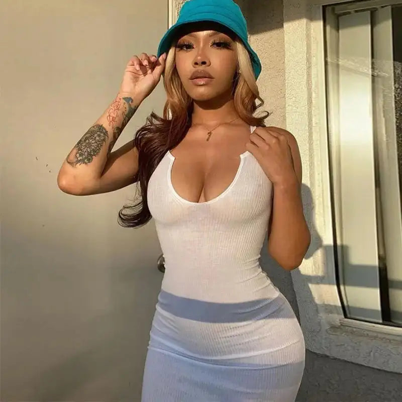 Sifreyr Ribbed V Neck Tank Long Dress Women Solid Sleeveless Bodycon Maxi Dress Sexy Streetwear Party Club Outfits Slim Sundress - Lootquake