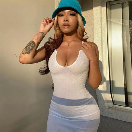 Sifreyr Ribbed V Neck Tank Long Dress Women Solid Sleeveless Bodycon Maxi Dress Sexy Streetwear Party Club Outfits Slim Sundress - Lootquake