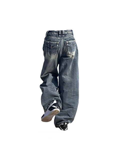 Women's Vintage Baggy Blue Jeans High Waist Denim Trousers Korean 2000s Y2k Harajuku 90s Aesthetic Oversize Pants Trashy Clothes - Lootquake
