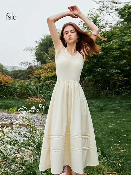 FSLE Classic Cleanfit Elegant Fake Two-pieces Vest Summer Women Long Dress 2024 New Versatile Casual A-Line Dress 24FS12982 - Lootquake