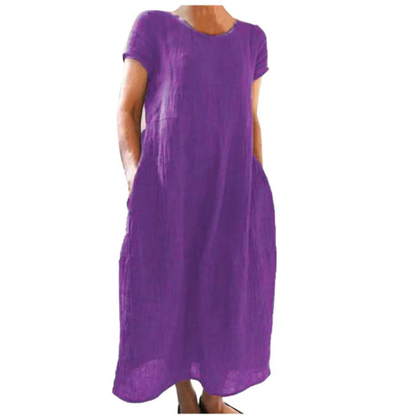 Spring Summer Woman Long Dress Office Lady Fshion Casual Loose Solid O-neck Short Sleeve Dresses For Women 2024 Female Robe - Lootquake