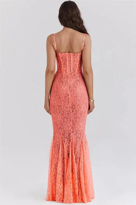 Mozision Floral Lace Sexy Maxi Dress For Women Orange Spaghetti Strap Sleeveless Backless Bodycon Club Party Long Dress Elegant - Lootquake