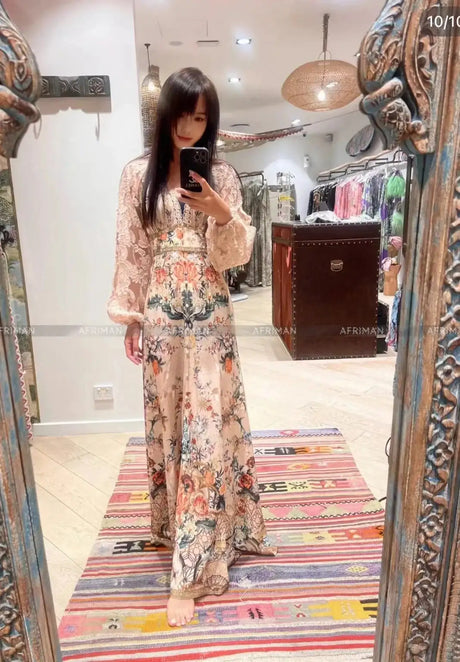 Women V Neck Lace Embroidery Patchwork Silk Floral Print Lantern Sleeve A-line Maxi Long Dress - Lootquake